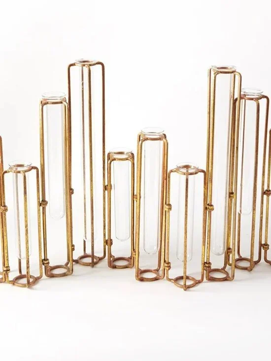 Mebane Handmade Metal Table Vase Holders (2) Hinged Antique Gold Finish GUC READ